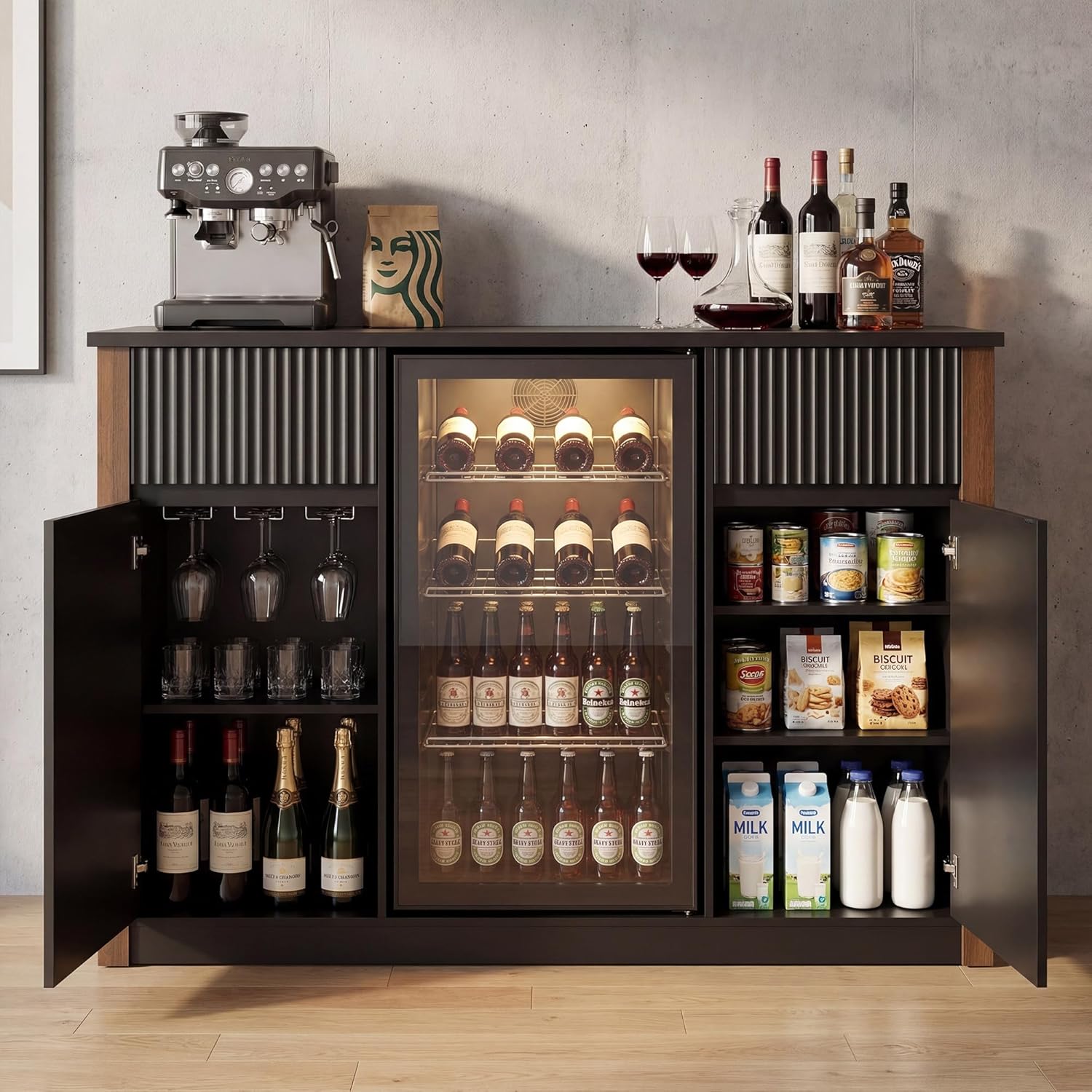 55.1" Coffee Bar Cabinet with Mini Fridge Space and Power Outlet, Modern Wine Bar Cabinet with Storage & Wine Rack, Large Buffet Sideboard Table for Kitchen, Dining Room, Living Room, Black