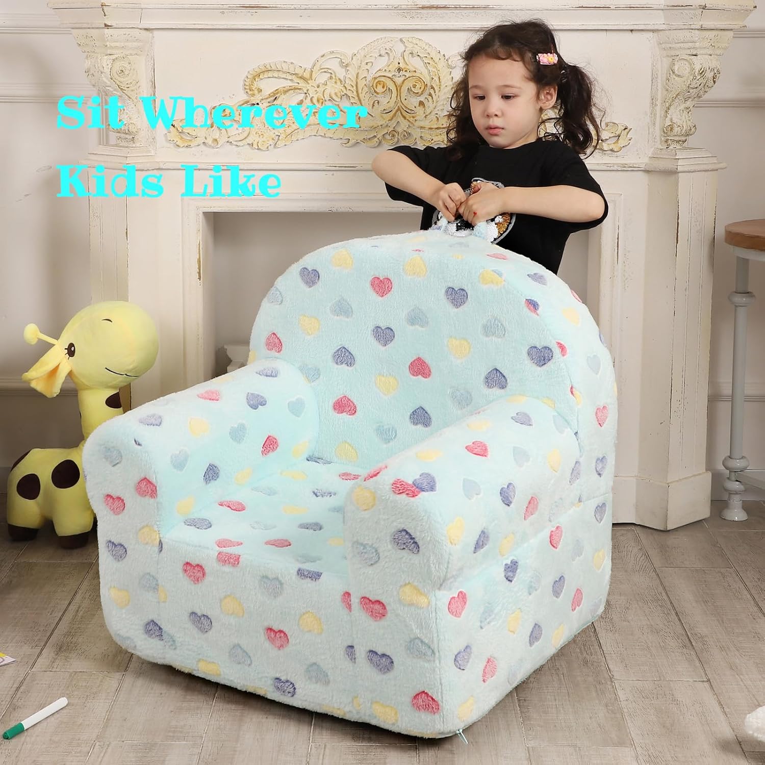 MOMCAYWEX Colorful Heart Kids Sofa with Star Throw Pillow, High Back Toddler Chair Glow in The Dark for Boys and Girls, Lake Blue