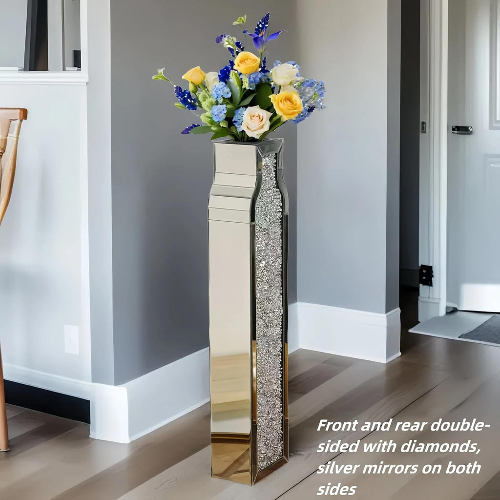 30" Tall Floor Vase, Double Sided Crushed Diamond Mirrored Vases,Large Flower Vase for Home Decor, Mirror Glass Decorative for Living Room,Office,Centerpiece (Crushed Diamond:4.7''L X 6.8''W X 30''H)