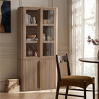 77" Tall Storage Cabinet - Fluted Pantry Cabinets with Glass Doors, Wooden Kitchen Food Cupboard, Adjustable Shelves, Modern Display Storage Closet for Living Room, Dining Room, Office, Oak 1pc