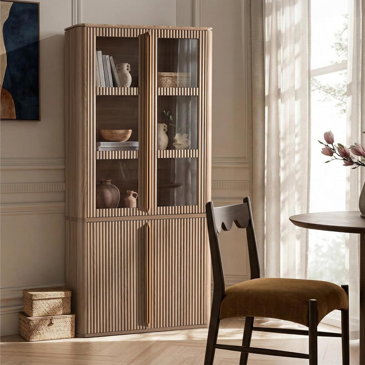 77" Tall Storage Cabinet - Fluted Pantry Cabinets with Glass Doors, Wooden Kitchen Food Cupboard, Adjustable Shelves, Modern Display Storage Closet for Living Room, Dining Room, Office, Oak 1pc