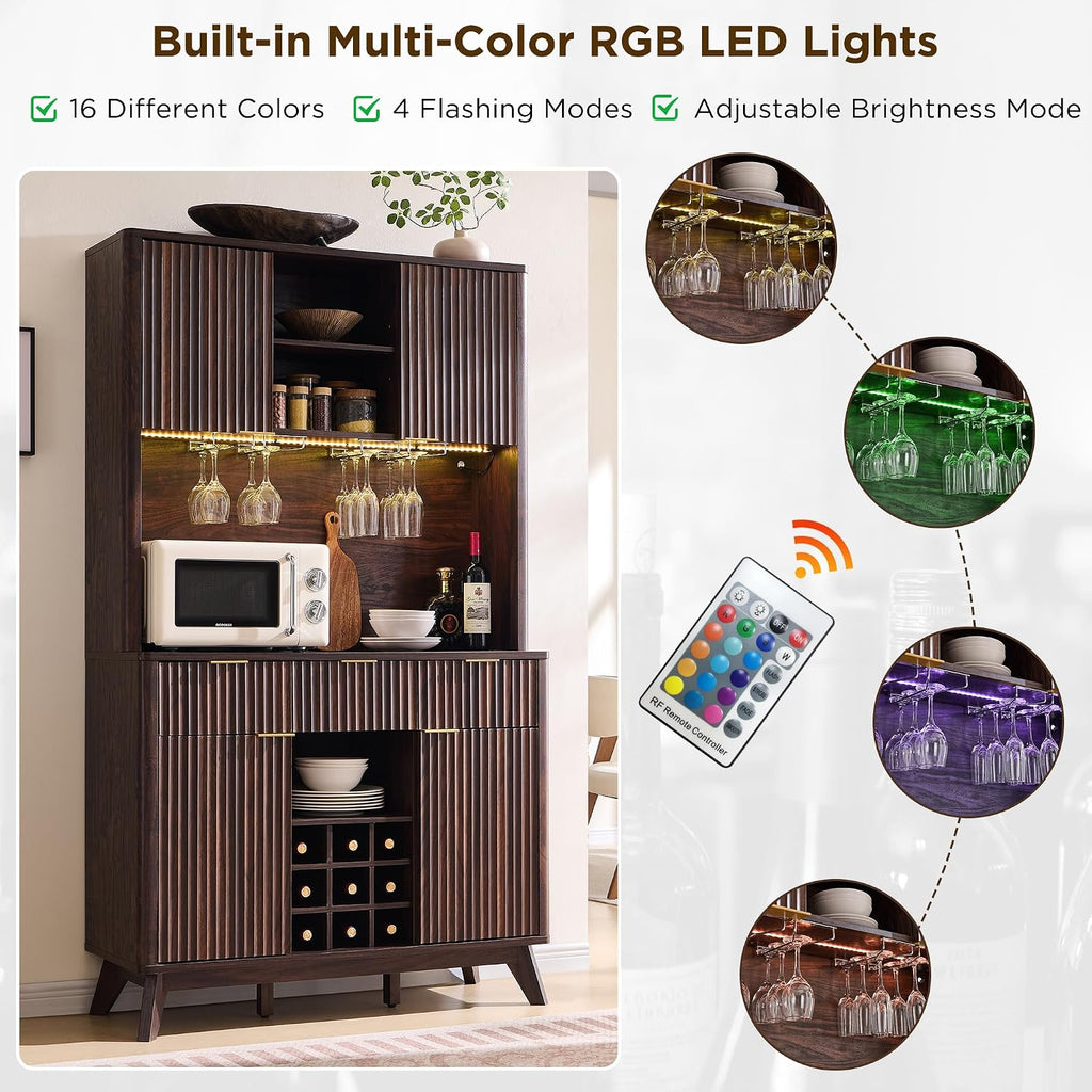 OKD 72" Tall Fluted Wine Cabinet, Modern Coffee Bar Cabinet, Dark Walnut | Charging Station, Led Lights, 4 Stemware Racks, 9 Wine Racks, 3 Drawers, 4 Cabinets, 2 Open Shelf, Home Bar Storage