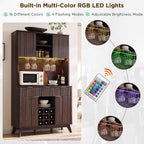 OKD 72" Tall Fluted Wine Cabinet, Modern Coffee Bar Cabinet, Dark Walnut | Charging Station, Led Lights, 4 Stemware Racks, 9 Wine Racks, 3 Drawers, 4 Cabinets, 2 Open Shelf, Home Bar Storage