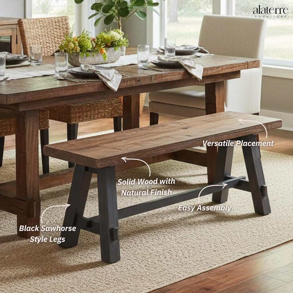 Adam 48-Inch Rustic Industrial Solid Wood Entryway Bench with Distressed Black Sawhorse Legs – Sturdy Accent Seating for Living Room, Mudroom, Dining Room, and Laundry Room by Alaterre Furniture