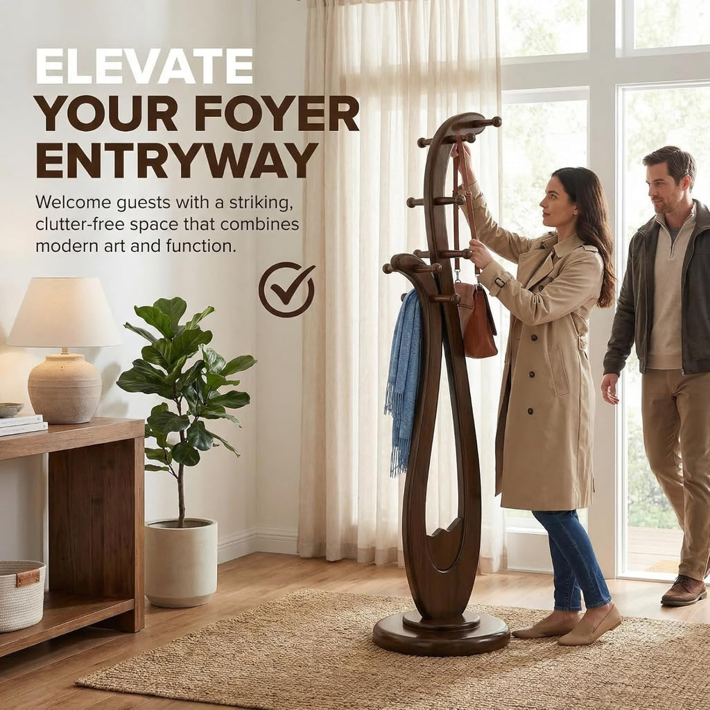 Heavy Duty Solid Wood Coat Rack Freestanding, 67" Artistic Curved Coat Tree with 12 Anti‑Slip Hooks & Stable Base, Sturdy Coat Hanger Stand for Entryway, Bedroom & Office, Vintage Natural Wood