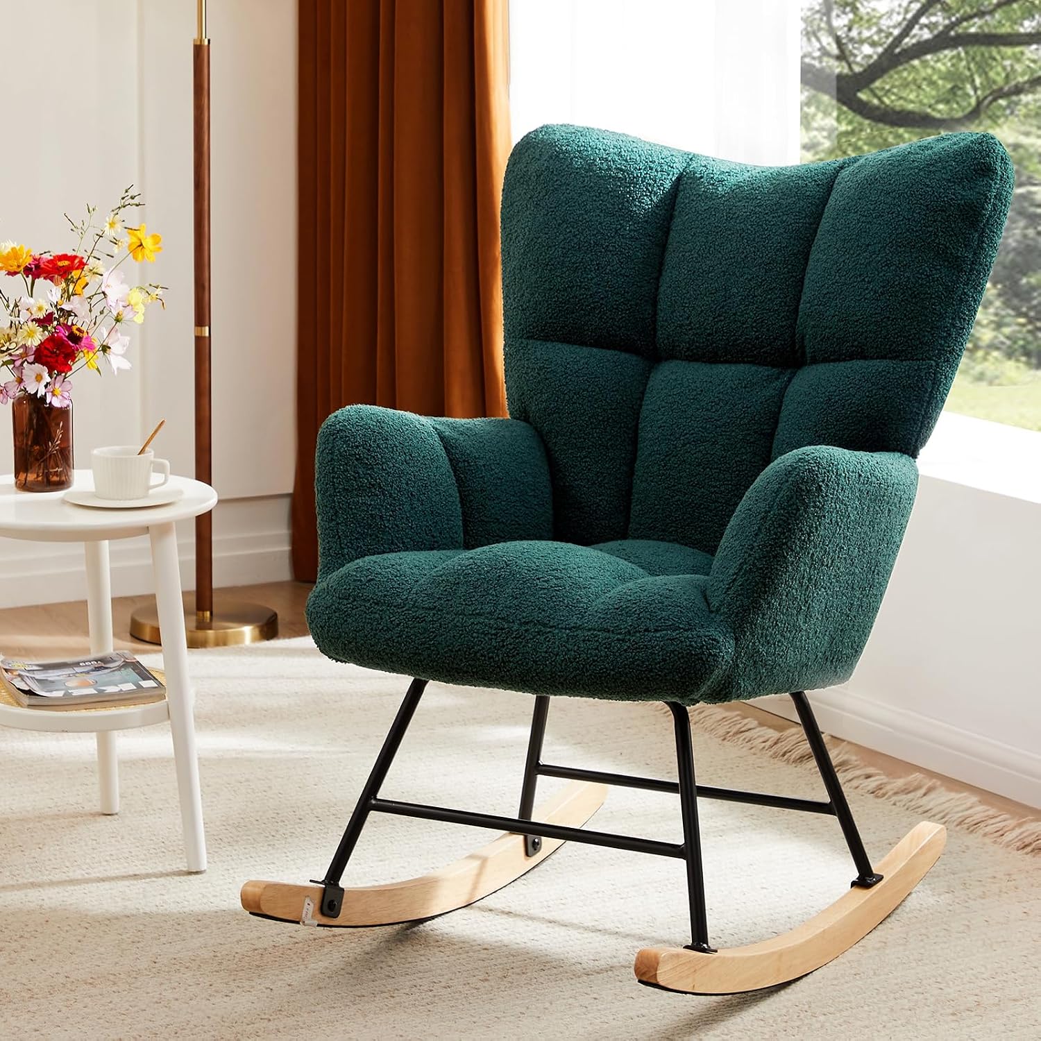 Rocking Chair Nursery Glider Recliner, Teddy Upholstered Nursing Chairs with Soft Seat Cushion Comfortable Armrests High Backrest for Bedroom Reading Living Room, Easy Assembly, Green