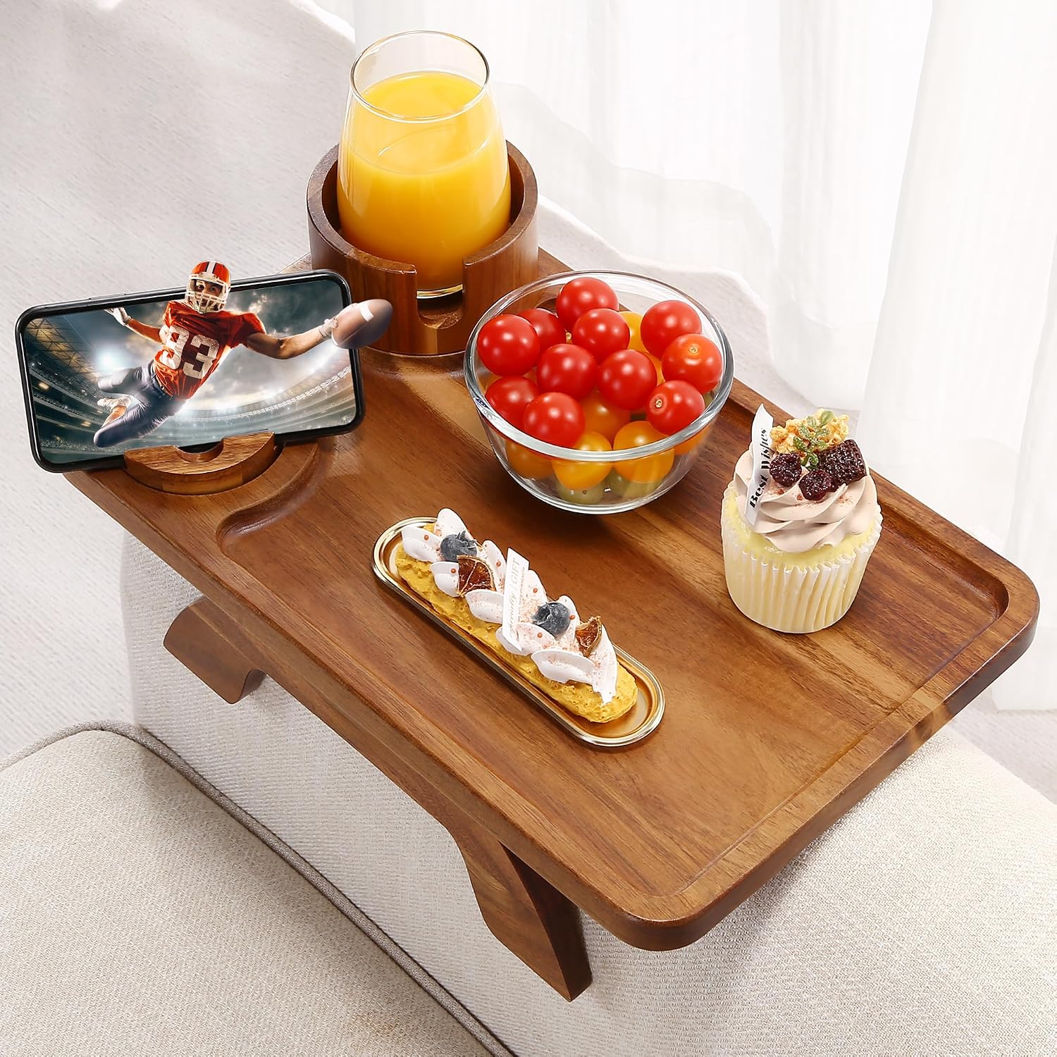 Couch Armrest Table Acacia with 360°Rotating Phone & Cup Holders,15.4" x 9.8", 3-in-1 Couch Arm Tray Clip-On Couch Tray for Drinks & Snacks