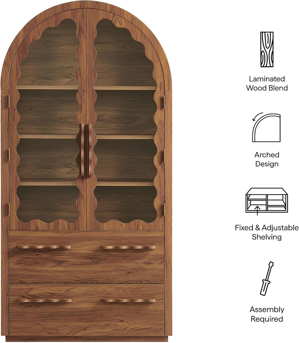 Modway Rory 76 Inch Arched Kitchen Pantry Cabinet with Glass Doors in Walnut - Vintage Retro Accent Display Stand for Dining Room, Living Room, Hallway