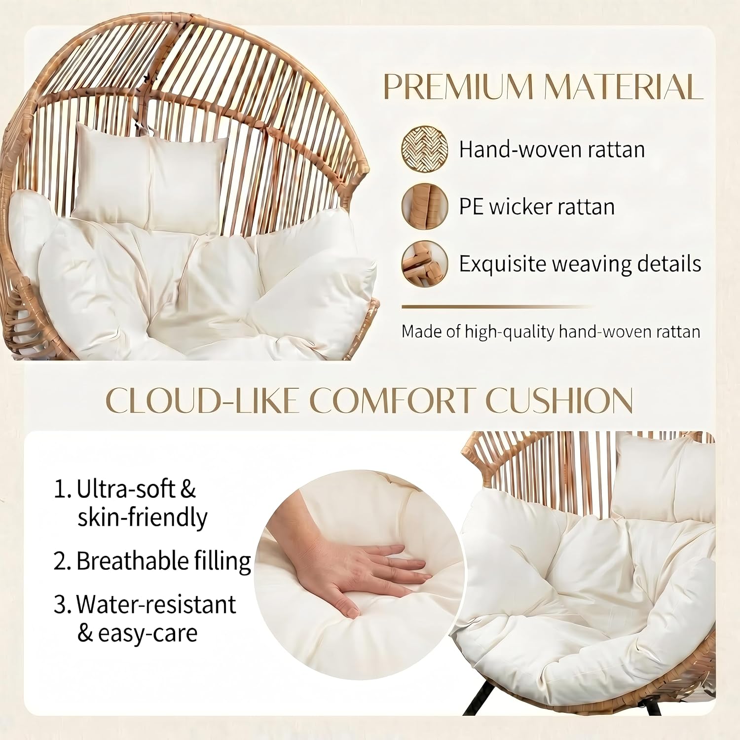 Oversized Outdoor Rocking Chair, Wicker Egg Patio Lounge Chair Basket Seat with Thick Cushion, All Weather Indoor Outdoor Porch Rockers for Balcony, Living Room, Lawn Garden