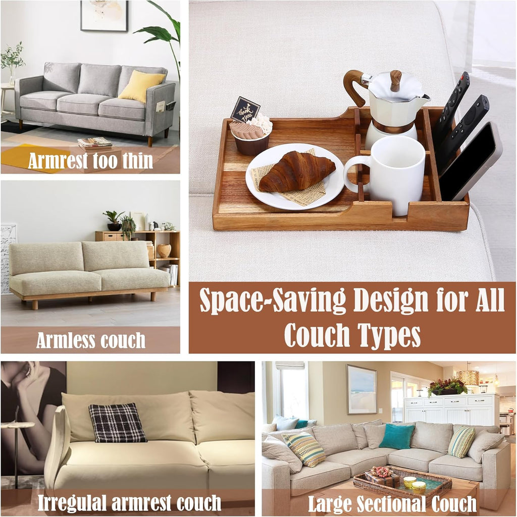 Nnewvante Couch Tray Insert with Cup Holder,2-in-1 Insert & Flat Sofa Organizer Acacia Wood with 2 Cup Holders,Fits Middle Couch or Ottomans,for Snacks, Drinks, Remotes,15.35x9.84-inch