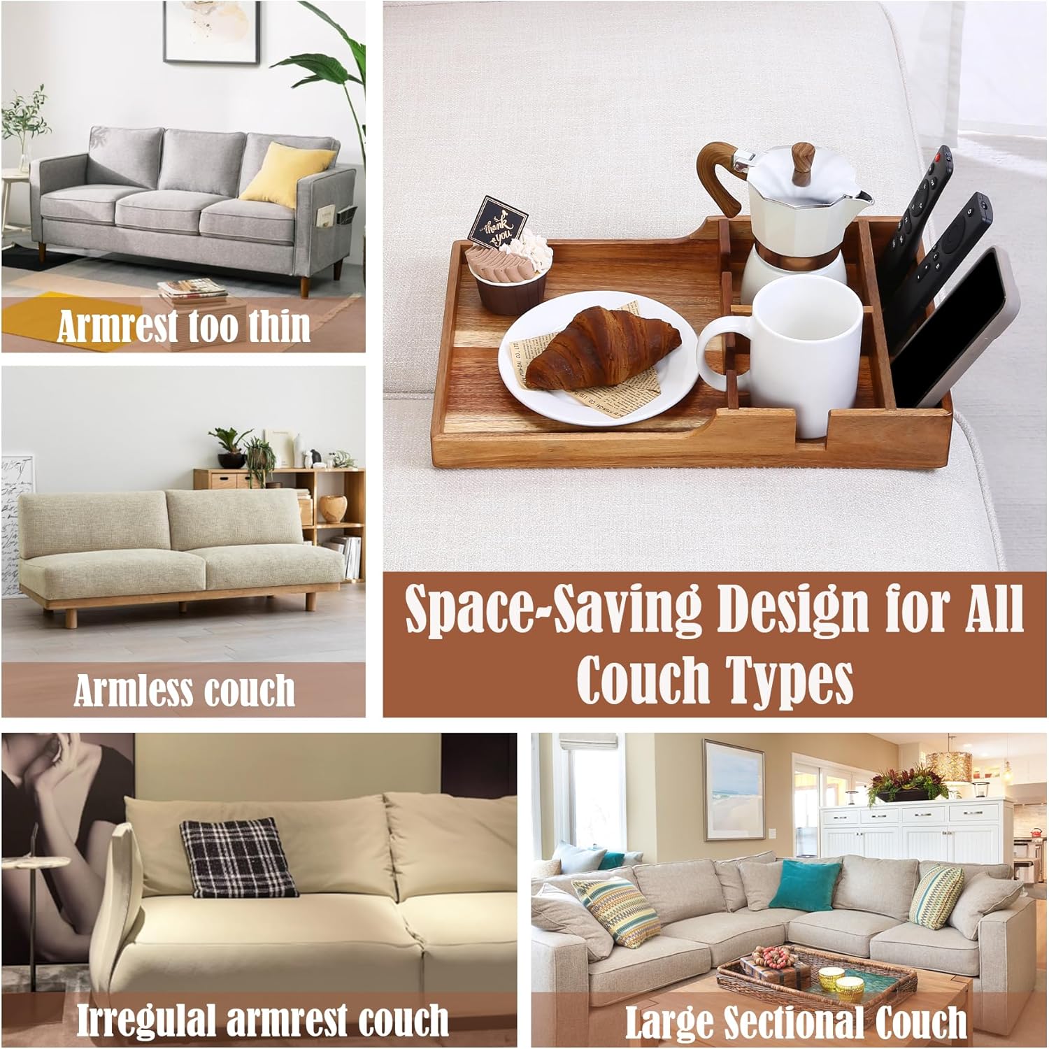 Nnewvante Couch Tray Insert with Cup Holder,2-in-1 Insert & Flat Sofa Organizer Acacia Wood with 2 Cup Holders,Fits Middle Couch or Ottomans,for Snacks, Drinks, Remotes,15.35x9.84-inch