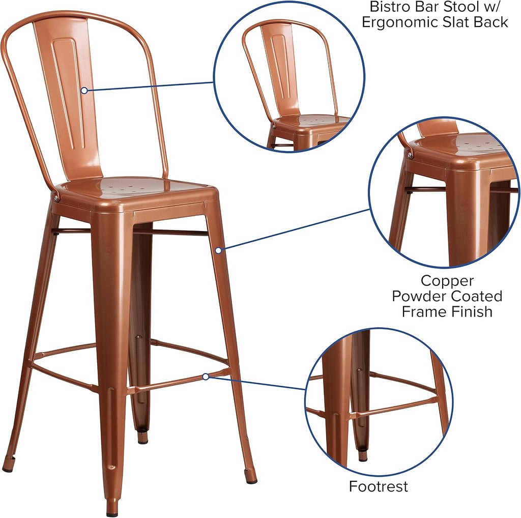 EMMA + OLIVER Commercial Grade 30" H Copper Metal Indoor-Outdoor Barstool with Back