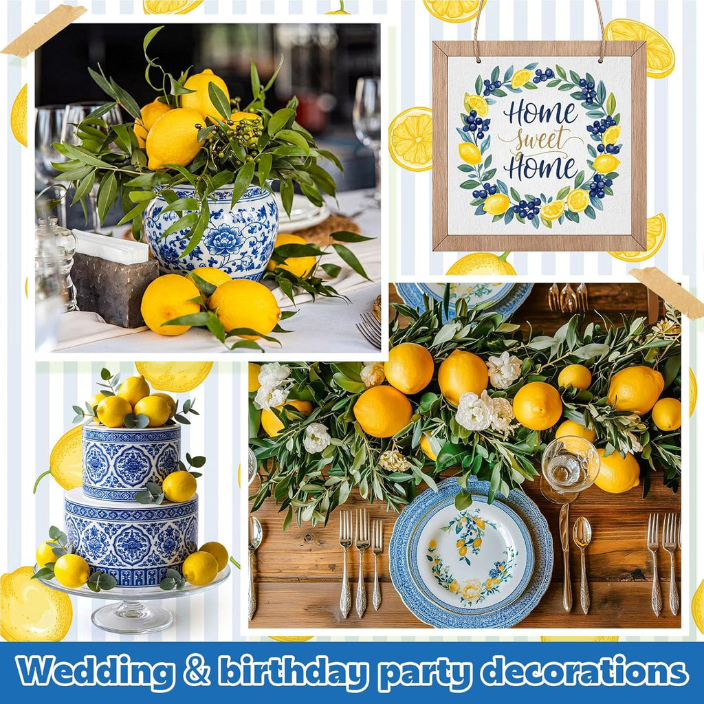 Norme 63 Pcs Artificial Lemon Decoration for Home Centerpiece, Faux Yellow Lemons, Artificial Fake Lemon Leaves and Wooden Desktop Sign Decor for Home, Kitchen, Party Decor, Photography Props