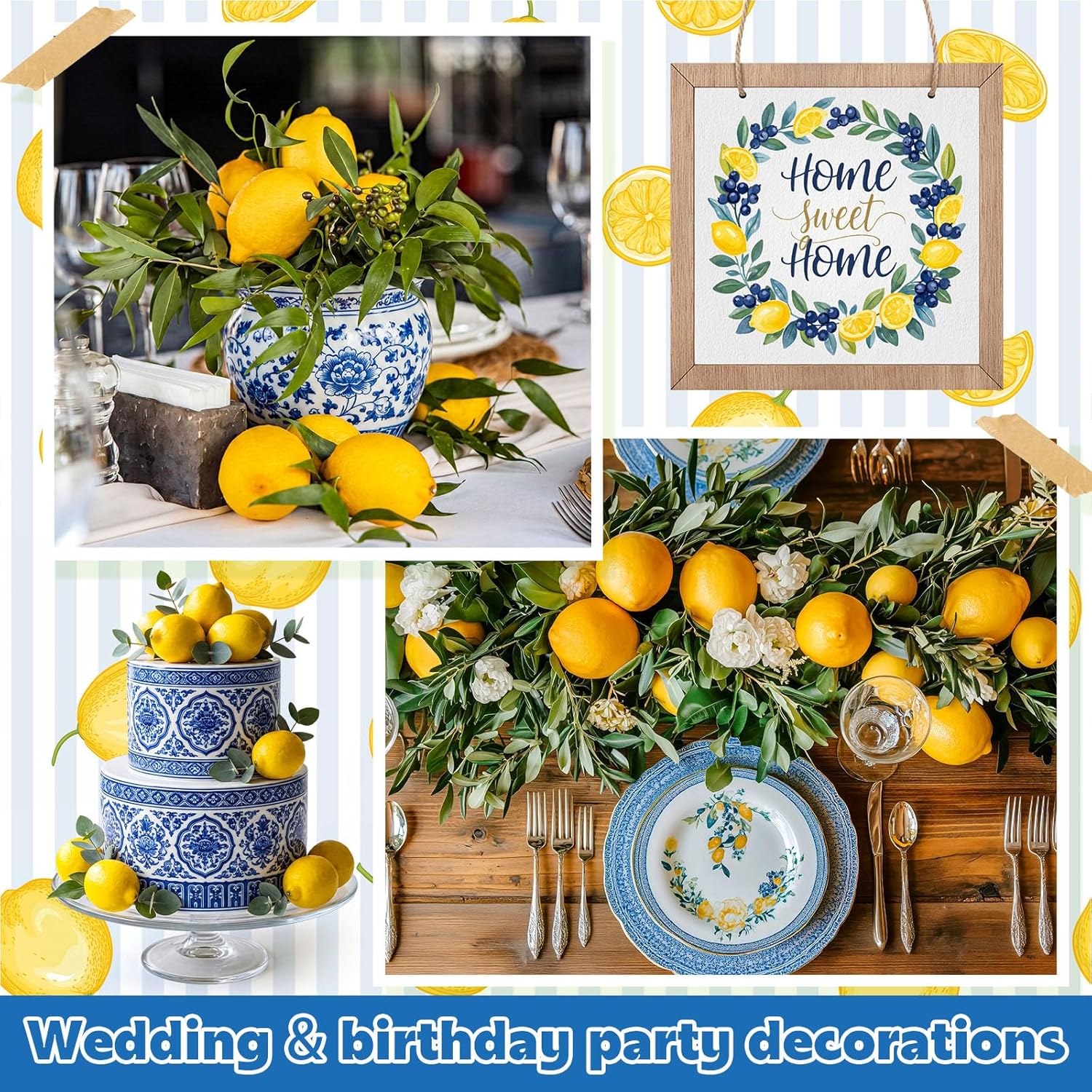Norme 63 Pcs Artificial Lemon Decoration for Home Centerpiece, Faux Yellow Lemons, Artificial Fake Lemon Leaves and Wooden Desktop Sign Decor for Home, Kitchen, Party Decor, Photography Props