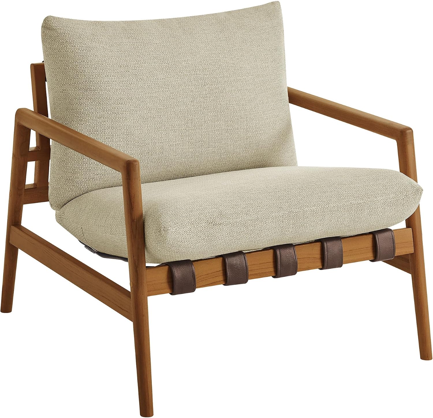 Modway Nomi Teak Wood Outdoor Sling Accent Chair in Sand - Faux Leather Vegan Patio Armchair with Removable Cushioned Upholstery