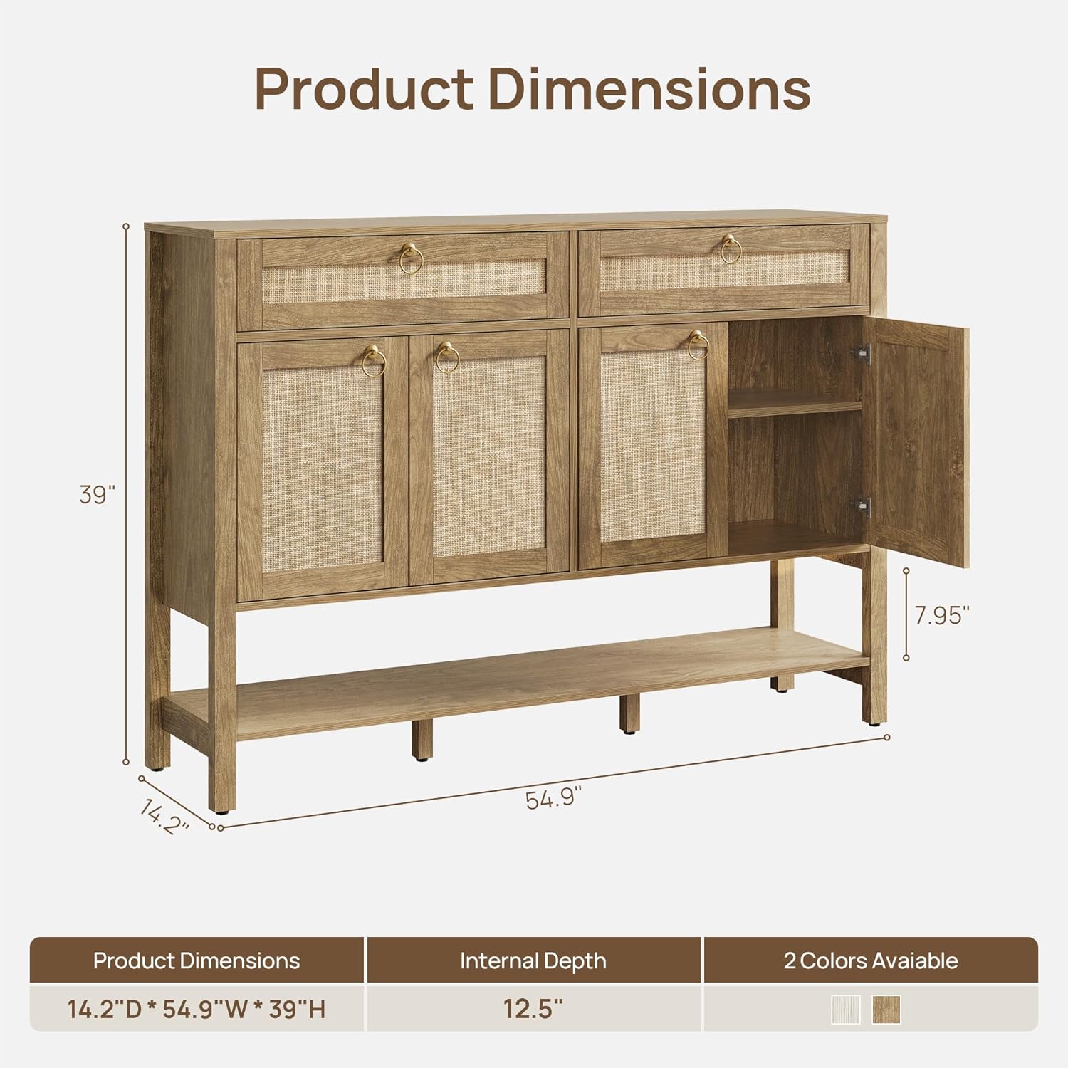 SICOTAS Rattan Sideboard Buffet Cabinet with Open Storage - Large Farmhouse Credenza with 4 Doors & 2 Drawers, Boho Coffee Bar Cabinets Buffet Console Table for Kitchen, Hallway