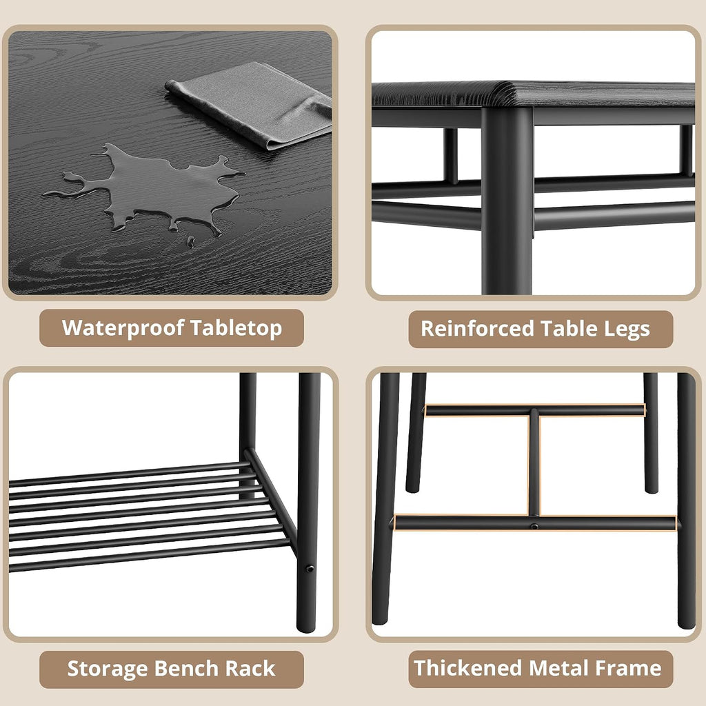 IRONCK Dining Table Set for 4, Kitchen Table and Chairs Set, Black | Kitchen Table with Upholstered Bench and 2 Chairs for Small Space, Apartment