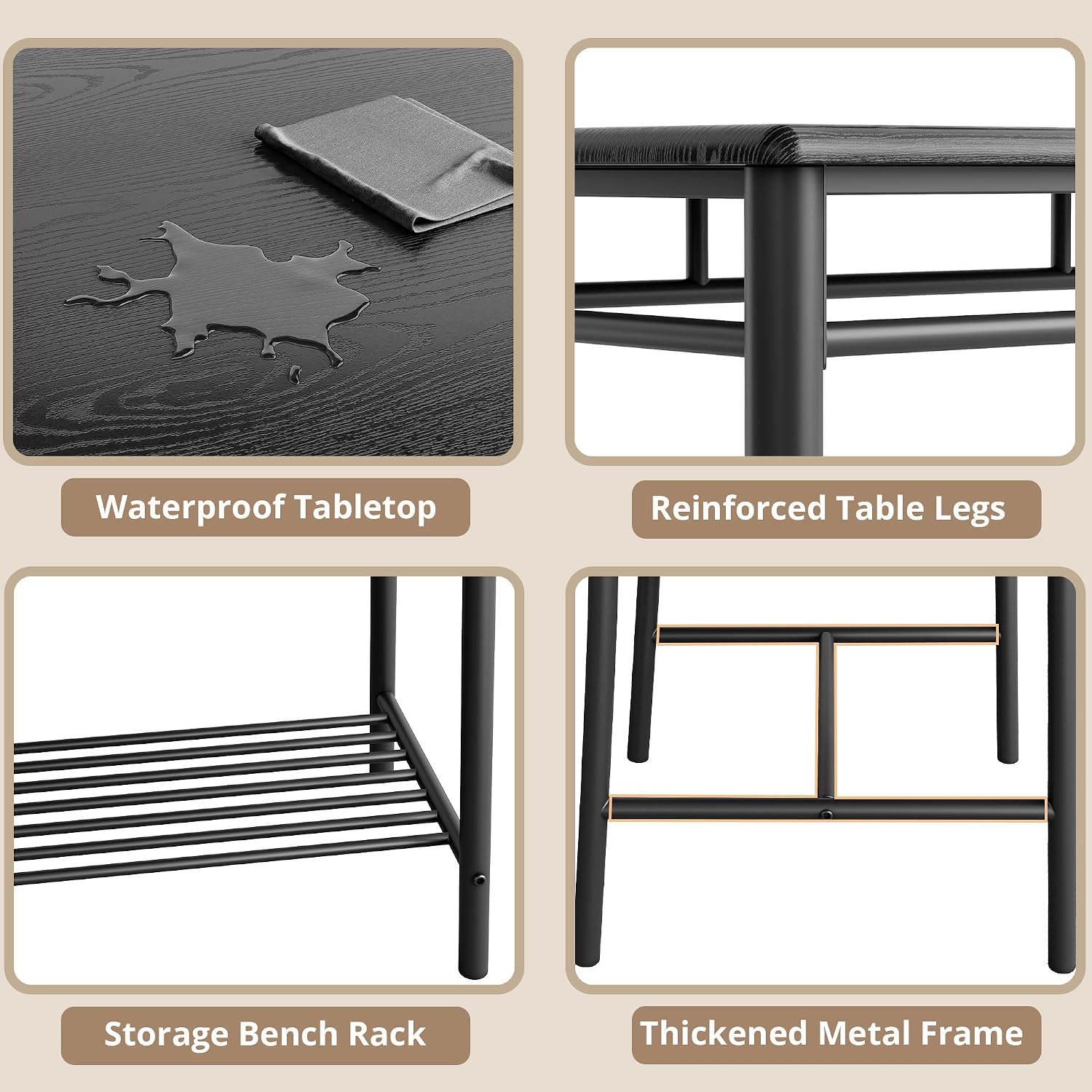 IRONCK Dining Table Set for 4, Kitchen Table and Chairs Set, Black | Kitchen Table with Upholstered Bench and 2 Chairs for Small Space, Apartment