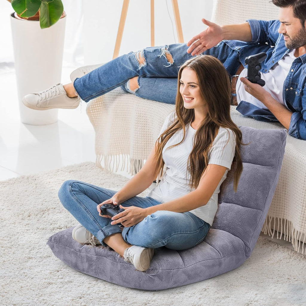 14-Position Floor Chair, Adjustable Folding Gaming Lazy Sofa With Cushion, Meditation Back Support for Reading, Bedroom, Living Room - Adults and Kids (Grey)