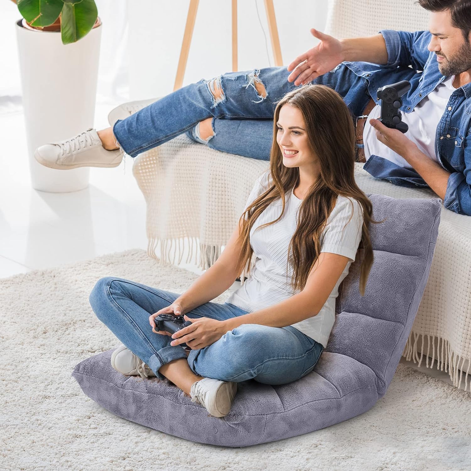 14-Position Floor Chair, Adjustable Folding Gaming Lazy Sofa With Cushion, Meditation Back Support for Reading, Bedroom, Living Room - Adults and Kids (Grey)