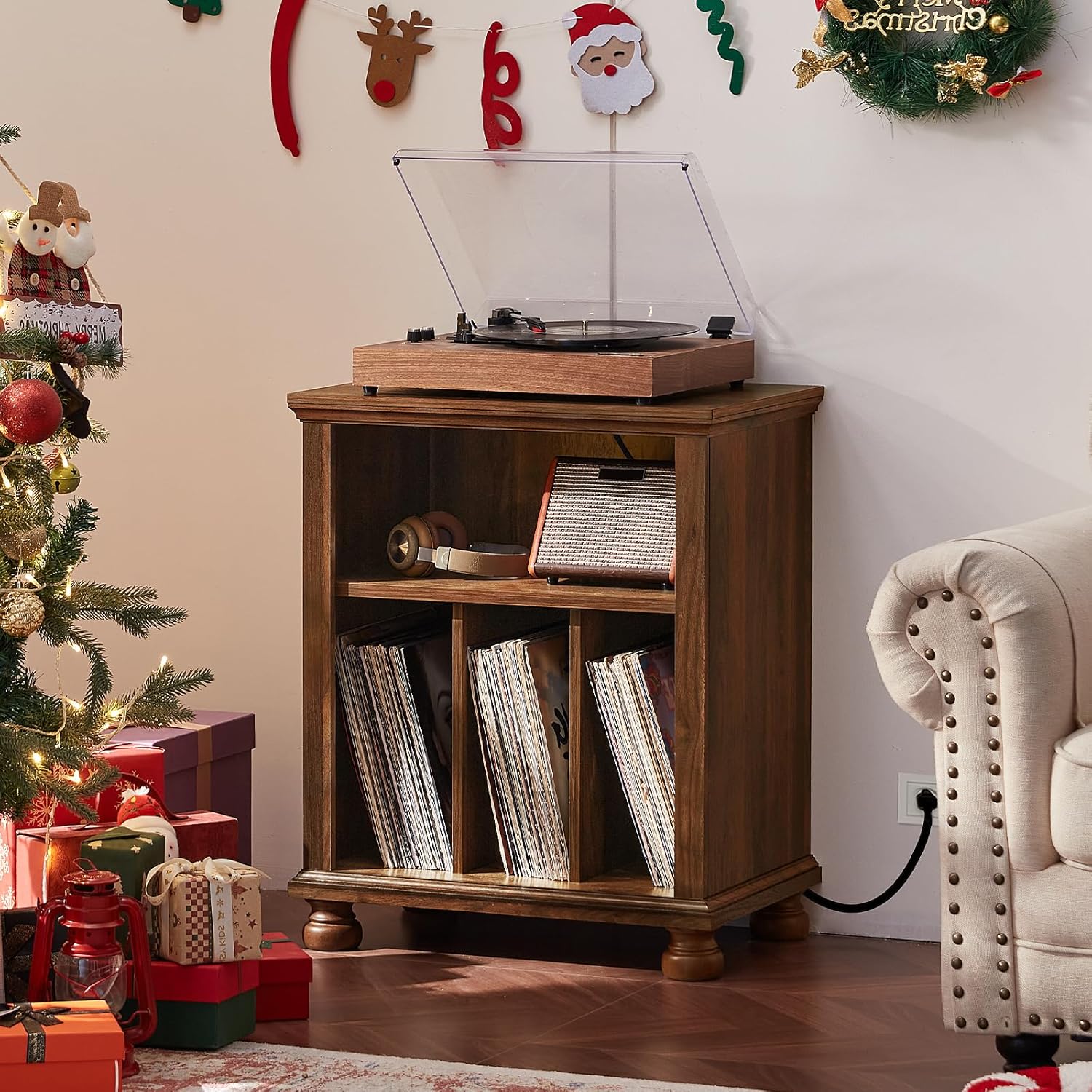Joaxswe Record Player Stand with Charging Station Up to 200 Albums, 24" Wide Mid-Century Record Player Table with Vinyl Record Storage,Large Wood Turntable Stand Dispaly Cabinet for Living Room,Brown