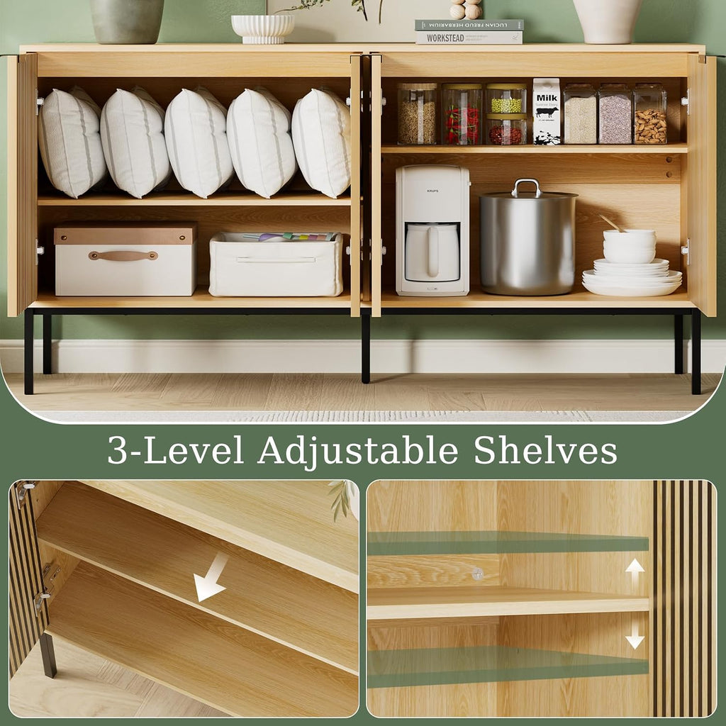 Sideboard Buffet Cabinet with 4 Doors, 63" Kitchen Accent Storage Cabinet with Adjustable Shelves, Square Tubular Steel Legs,Wood Sideboard Credenza for Kitchen Coffee Bar, Natural Wood