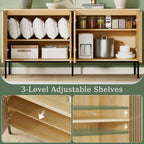 Sideboard Buffet Cabinet with 4 Doors, 63" Kitchen Accent Storage Cabinet with Adjustable Shelves, Square Tubular Steel Legs,Wood Sideboard Credenza for Kitchen Coffee Bar, Natural Wood