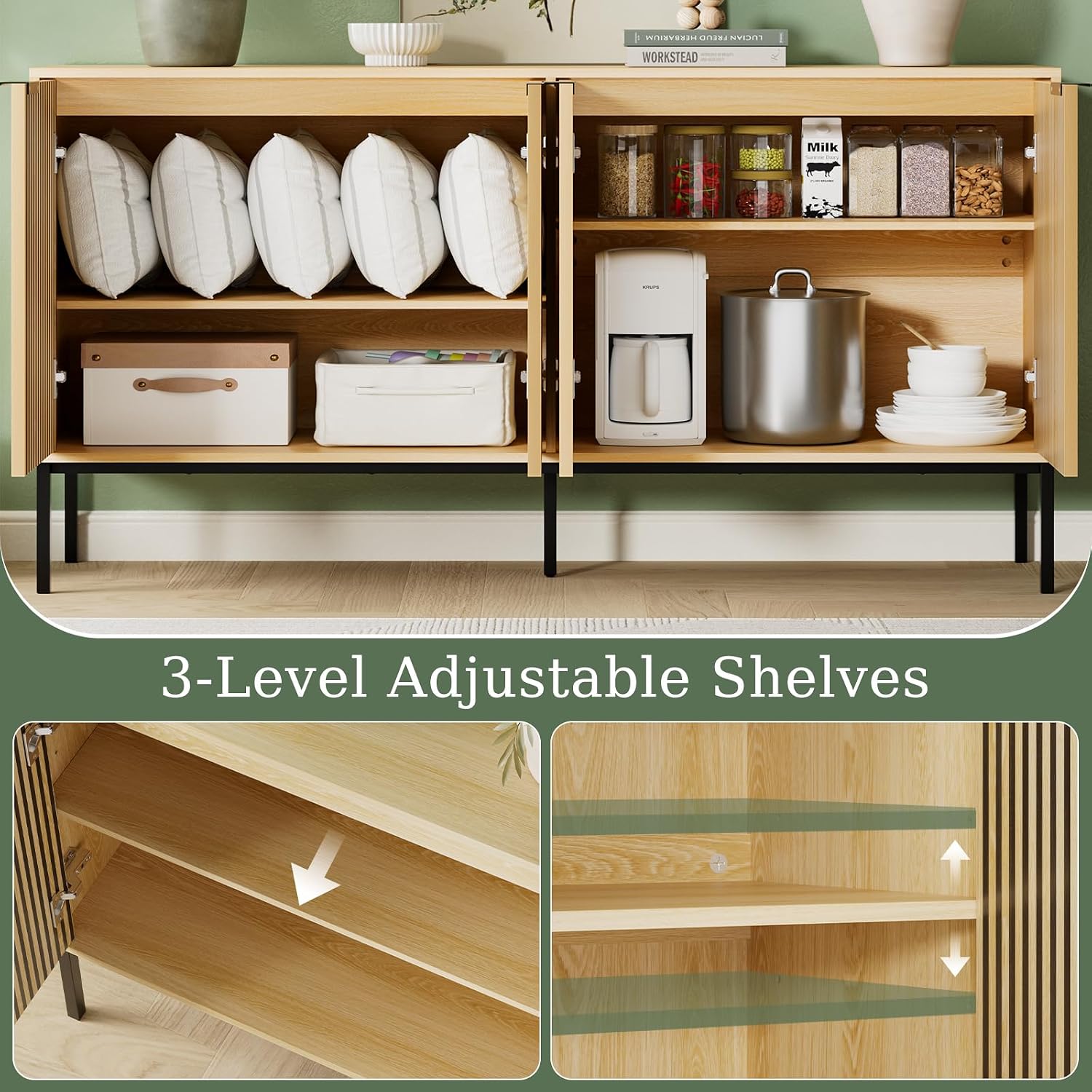 Sideboard Buffet Cabinet with 4 Doors, 63" Kitchen Accent Storage Cabinet with Adjustable Shelves, Square Tubular Steel Legs,Wood Sideboard Credenza for Kitchen Coffee Bar, Natural Wood