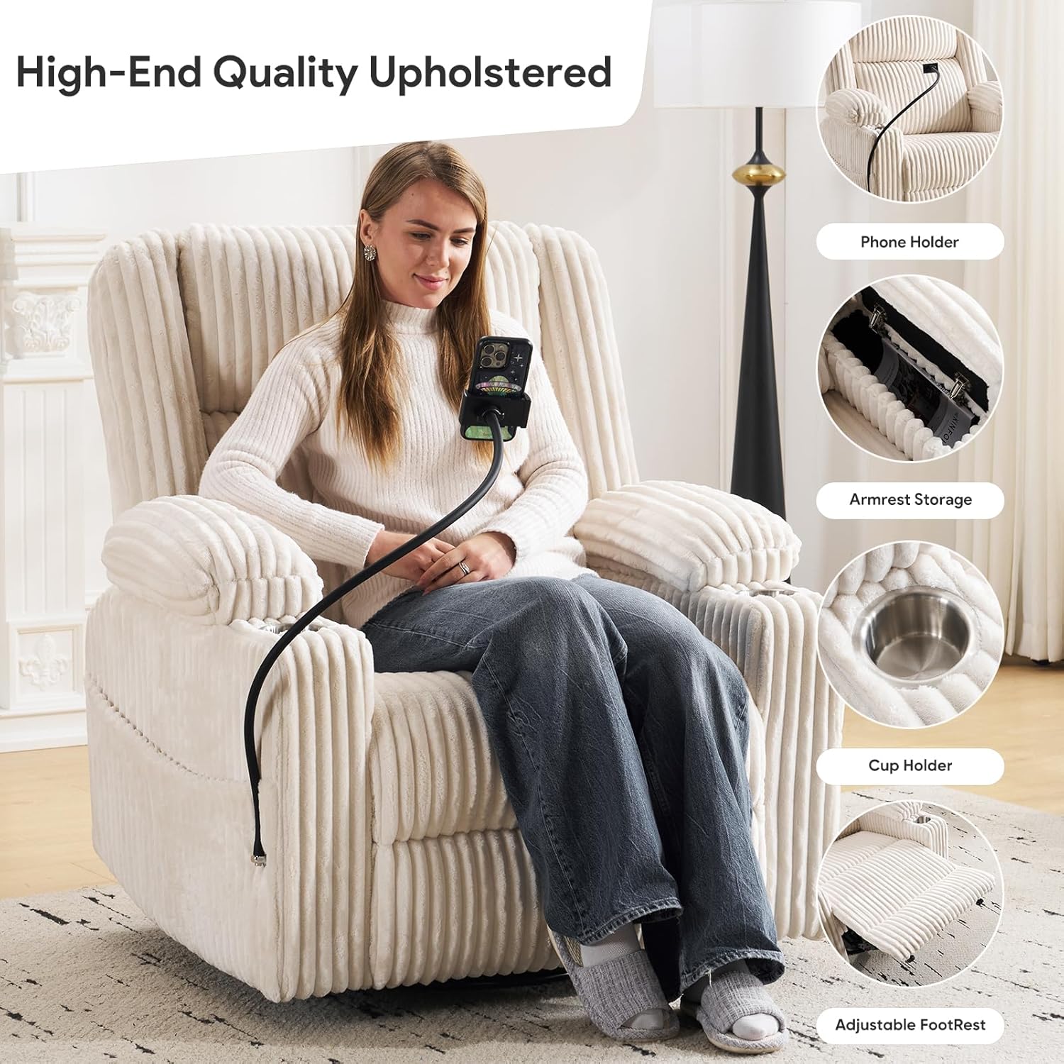 Power Recliner Chair with Massage and Heat, Oversized Swivel Rocker Recliner for Adults with Adjustable Headrest, Nursery Glider with Arm Storage and Cup Holder, Beige