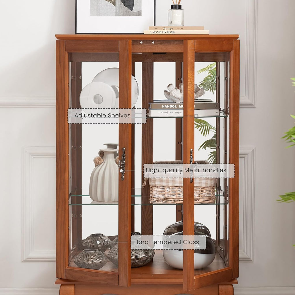 44" Small Lighted Glass Accent Curio Cabinet, Vintage China Cage with 2 Tempered Glass Doors & Adjustable Shelves, Acrylic Mirrored Pane, Elegant Wine Artwork Showcase Rack for Living Room (Dark Oak)