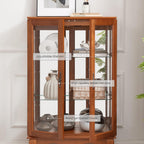 44" Small Lighted Glass Accent Curio Cabinet, Vintage China Cage with 2 Tempered Glass Doors & Adjustable Shelves, Acrylic Mirrored Pane, Elegant Wine Artwork Showcase Rack for Living Room (Dark Oak)