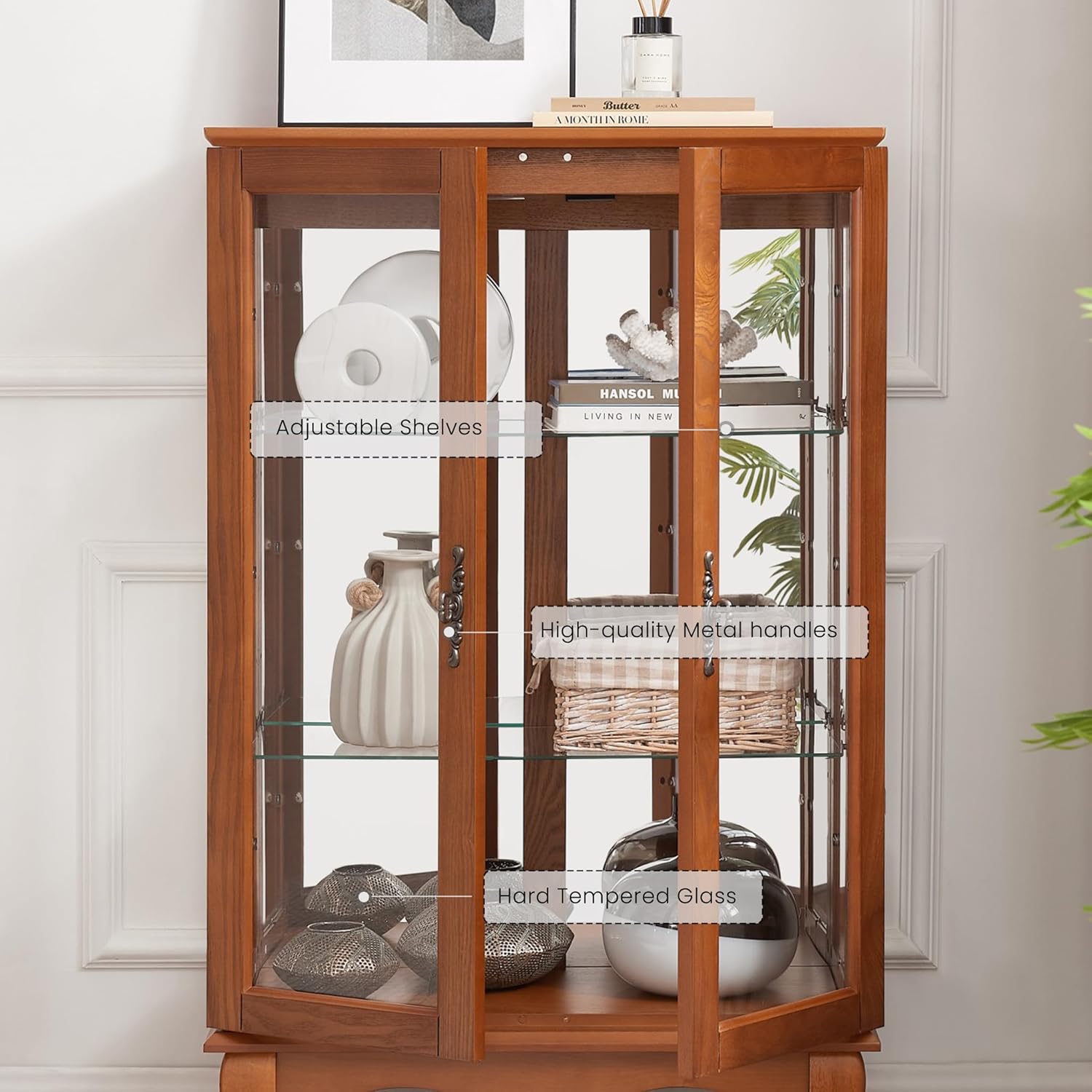 44" Small Lighted Glass Accent Curio Cabinet, Vintage China Cage with 2 Tempered Glass Doors & Adjustable Shelves, Acrylic Mirrored Pane, Elegant Wine Artwork Showcase Rack for Living Room (Dark Oak)