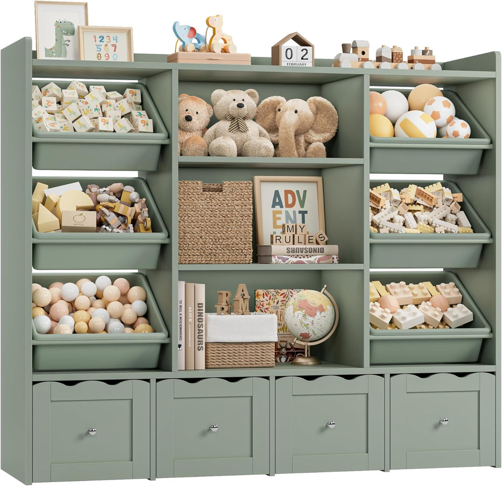 HITHOS 55" W Kids Toy Storage Organizer, Large Toy Box with Bookshelf, Toy Chest with 3 Cubes Storage Organizer, 6 Toy Organizers and Storage Bins, 4 Rolling Drawers for Kids Room, Playroom, Green