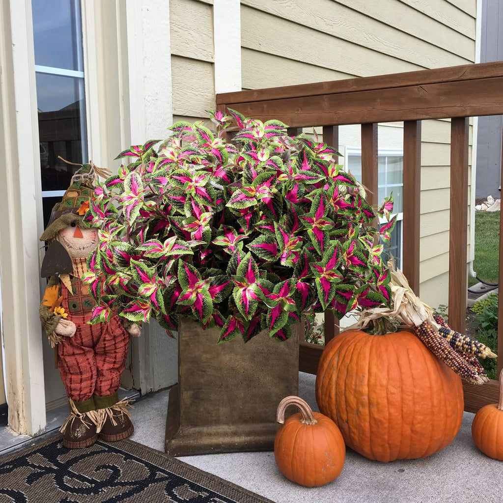 Artificial Plants Outdoor, 5 Bundles Faux Coleus Plants UV Resistant Fake Silk Greenery Leaves with Stems for Outside Front Porch Patio Garden Planter Decoration (Red)