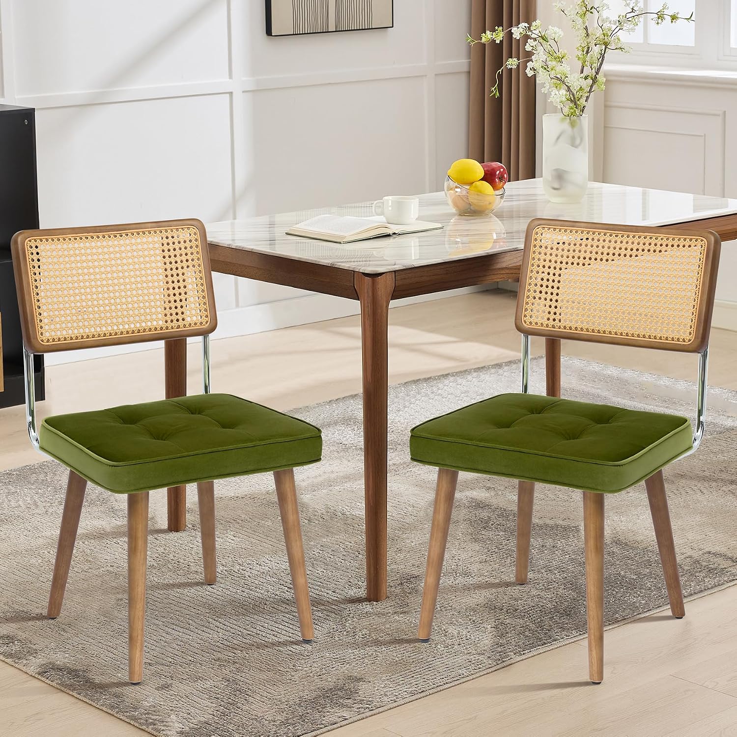 GarveeHome Natural Rattan Dining Chairs Set of 4, Velvet Upholstered Kitchen Chairs with Tall Cane Backrest and Strong Wood Legs for Dining Room, Kitchen, Restaurant, Green