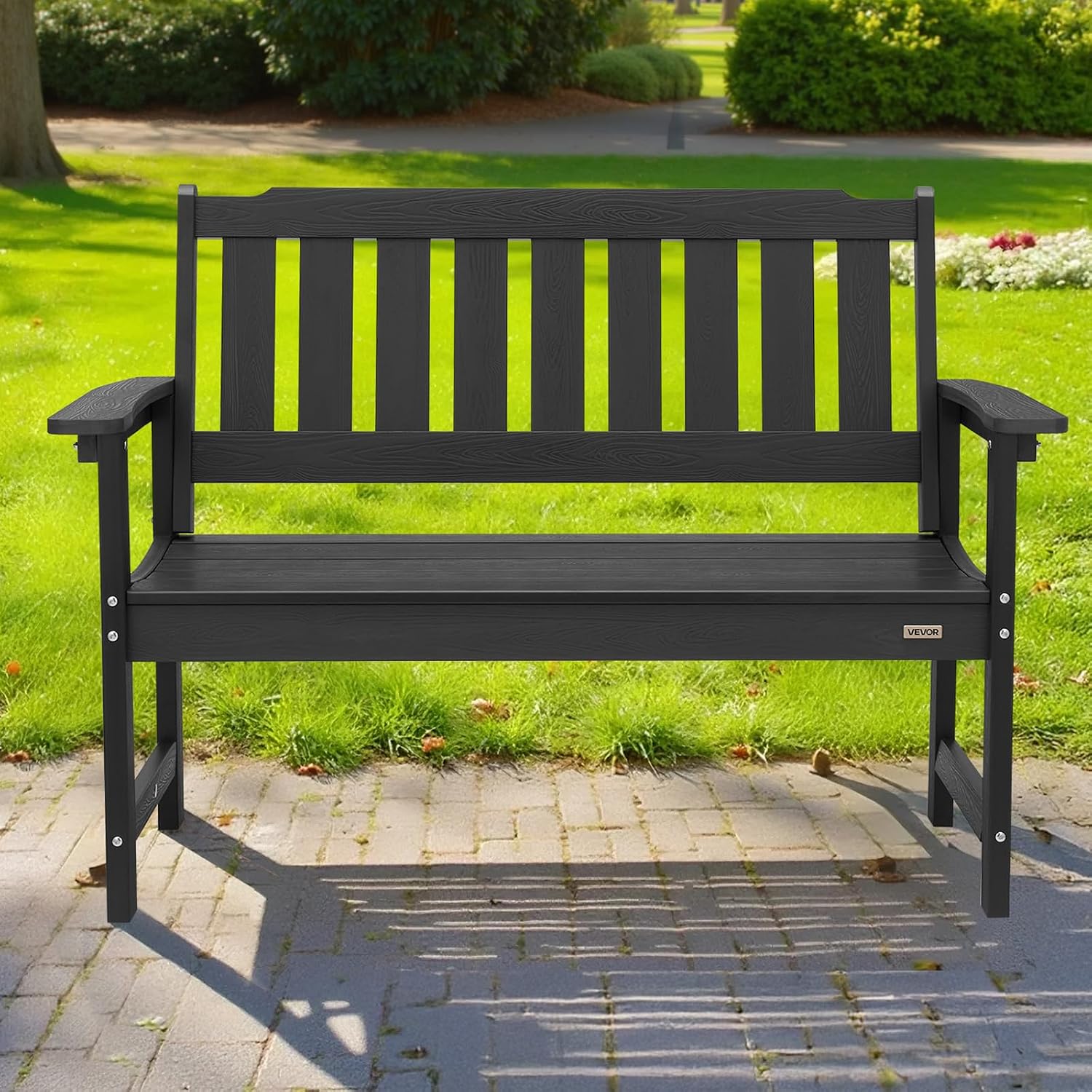 VEVOR Outdoor Bench, 50.5 inch, 800 lbs Weight Capacity for 2-3 Persons, Weatherproof Plastic Frame with Backrest and Wide Armrests, Outside Bench for Patio, Garden, Park, Yard, Front Porch, Black