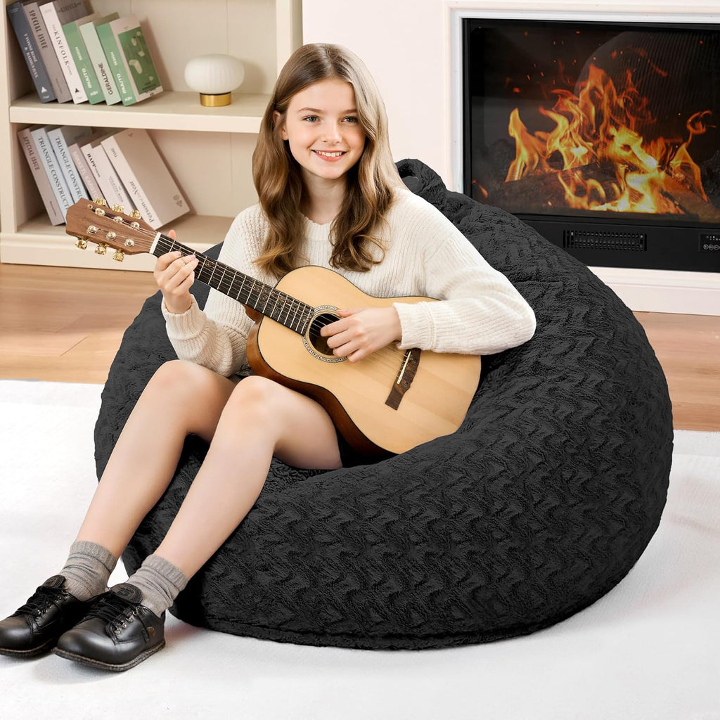2FT Bean Bag Chair,Giant Bean Bag Chairs for Adults,Big Bean Bags with Memory Foam Filled, Large Beanbag Chairs with Chevron Plush Cover-Black