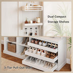 iPormis 70“ Large Hall Tree with Bench and Adjustable Shoe Storage, 6-in-1 Farmhouse Entryway Bench w/Coat Rack, Top Storage, Small Shelves for Entryway, Living Room, Led Lights, White