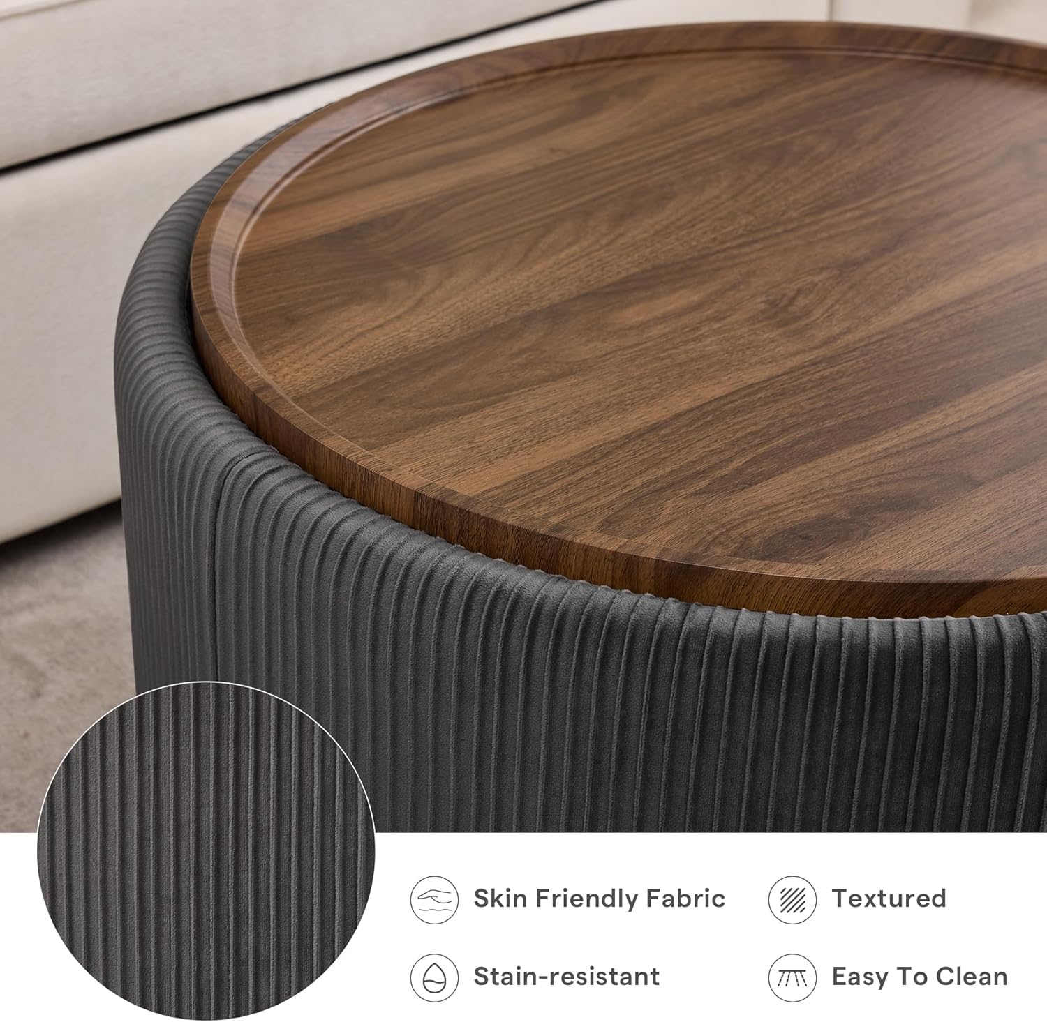 29.5 Inch Round Storage Ottoman Coffee Table,Modern Circle Coffee Table with Storage with Removable Lid Top and Solid Wood Legs,Large Round Ottoman for Bedroom,Living Room,Velvet,Grey