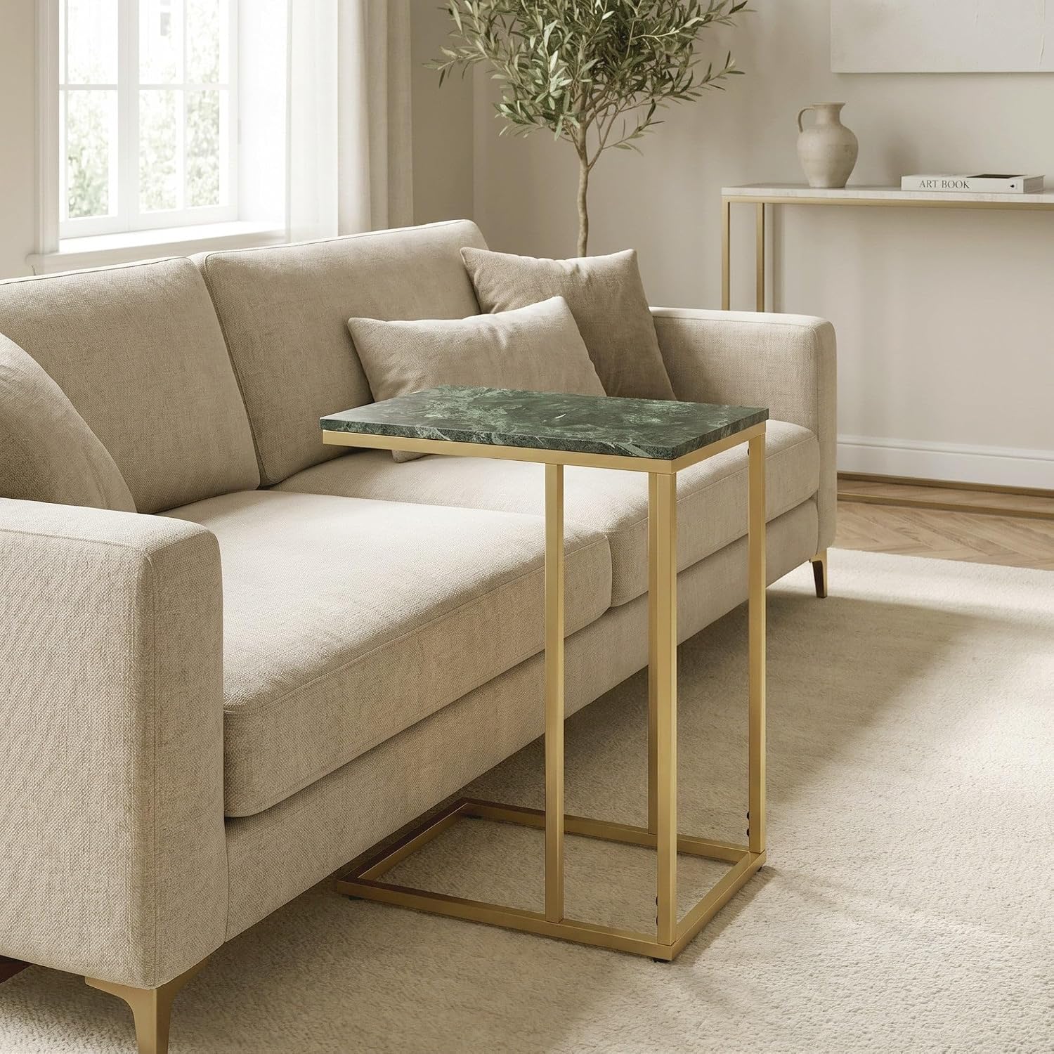 C Shape Table for Sofa with Green Marble Top | Decorative Side Table | End Table for Living Room | Gold Metal Frame | 16.25x9.5x24.75