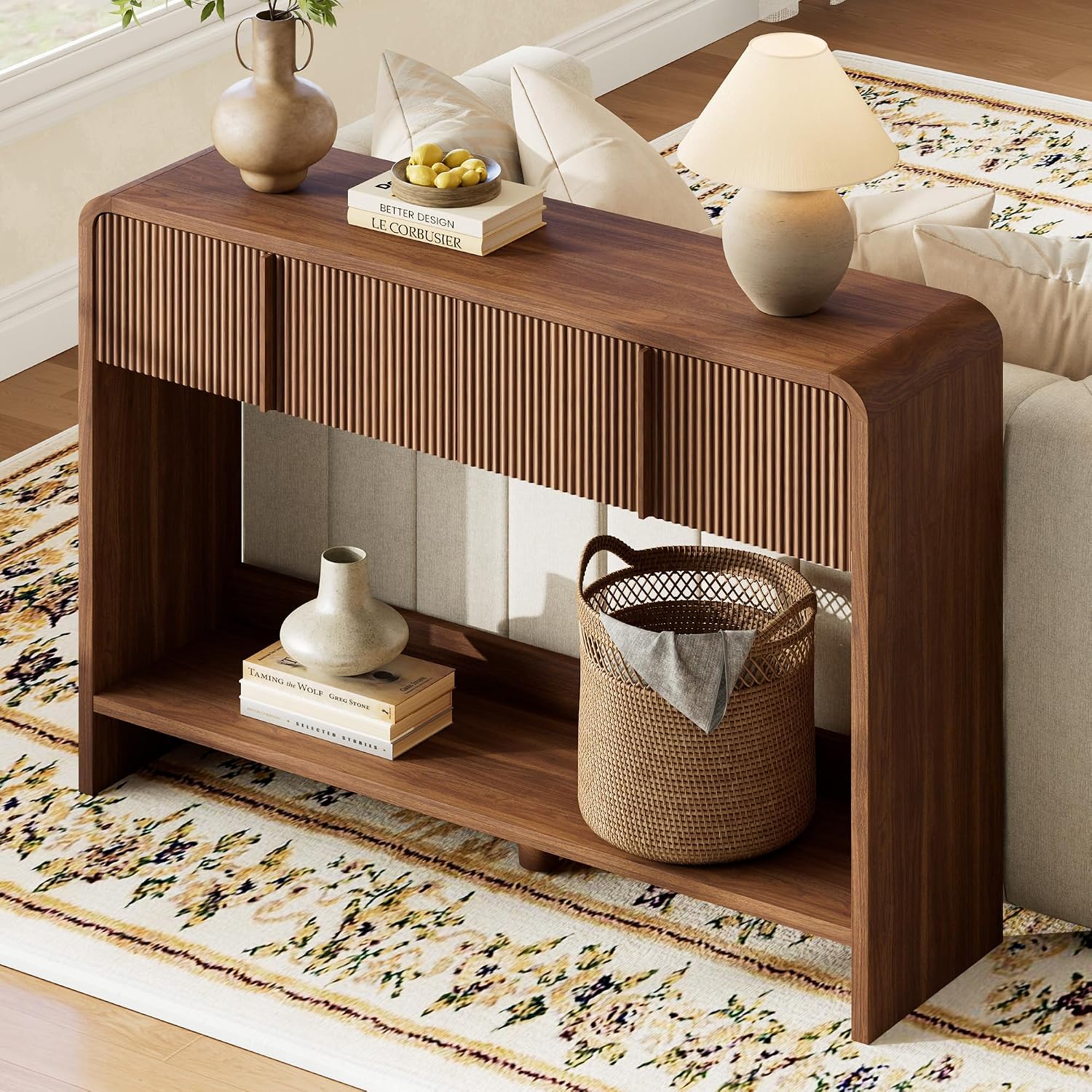 AMERLIFE 45" Fluted Console Table with 2 Drawers and Open Shelf, Modern Entryway Table with Rounded Edges, Wood Sofa Table for Hallway, Foyer, Behind Couch, Living Room, Brown