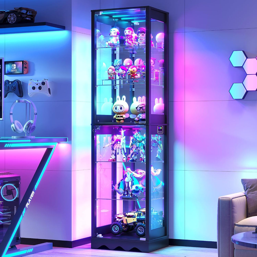 Dystler Display Cabinet with Glass Doors, 6 Tier RGB Lights Curio Cabinet | Adjustable Shelves, Human Sensor Lighting, Modern LED Display Case for Collectibles, Black