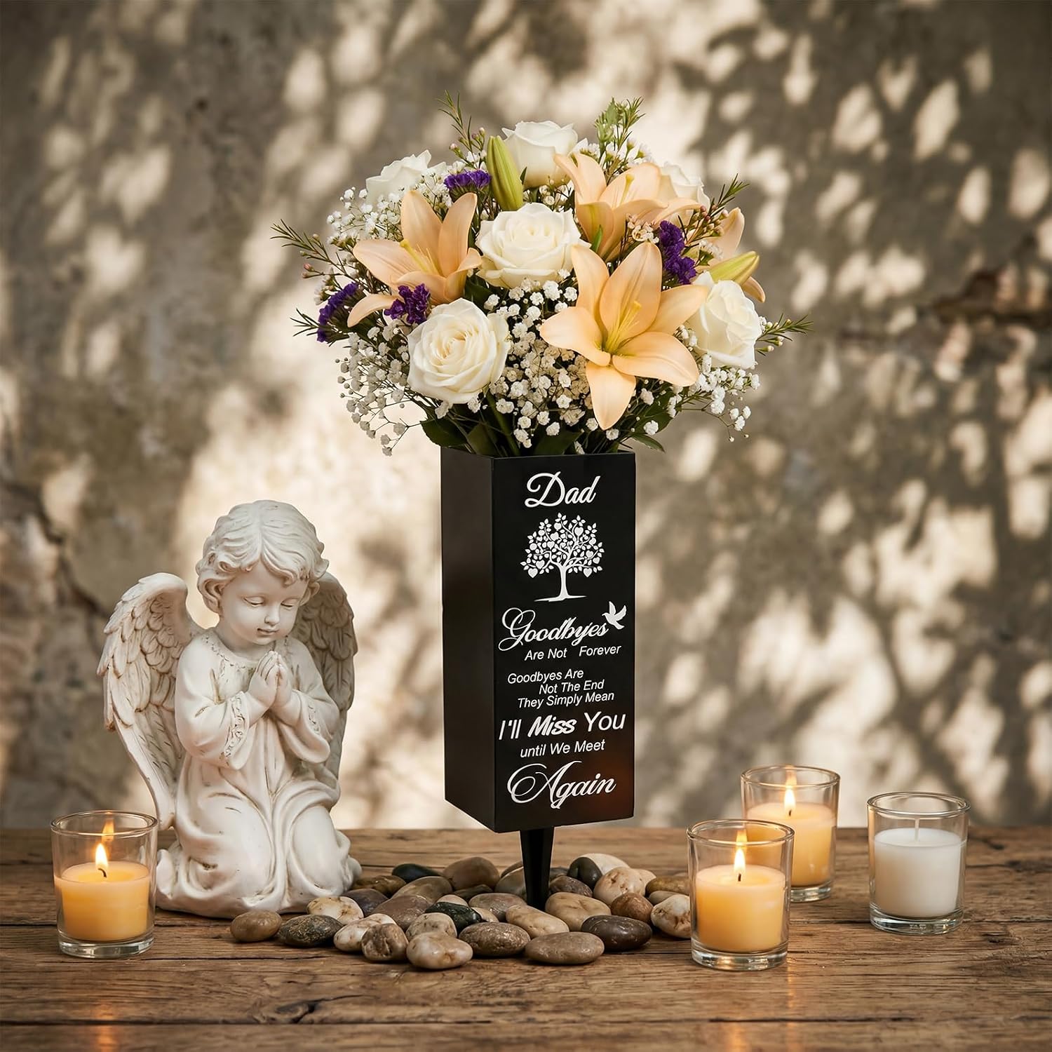 Geosar Cemetery Vases for Grave Metal Flower Holder with Spikes Memorial Funeral Gravesite Flowers Vase Decorations for Loss of Loved One(Goodby are Not the End)