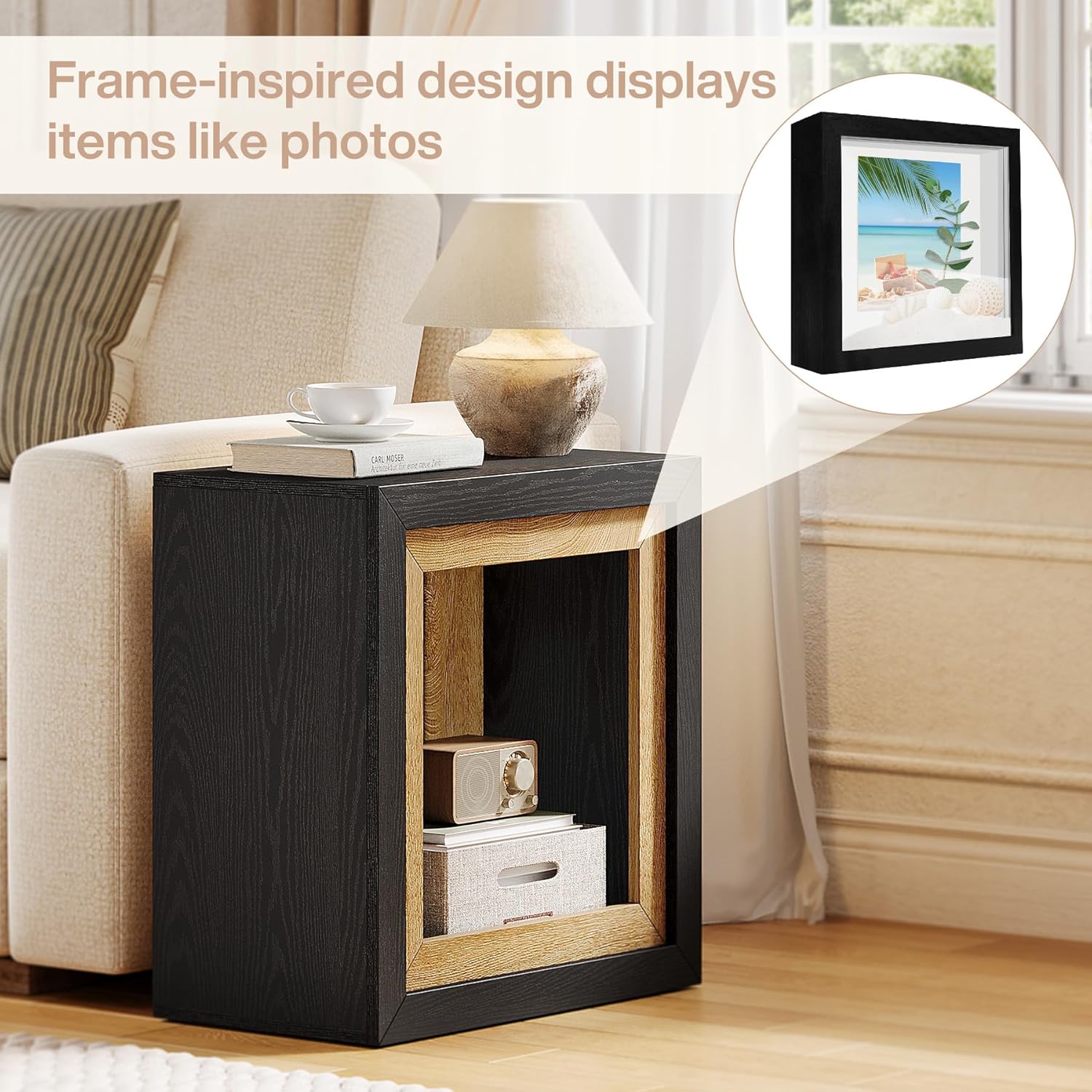Tribesigns Modern End Table with Frame-Inspired Design, Rustic Wood Cube Rectangle Side Table with Large Storage Shelf, Industrial Sofa Couch Tables Accent for Living Room, Entrance