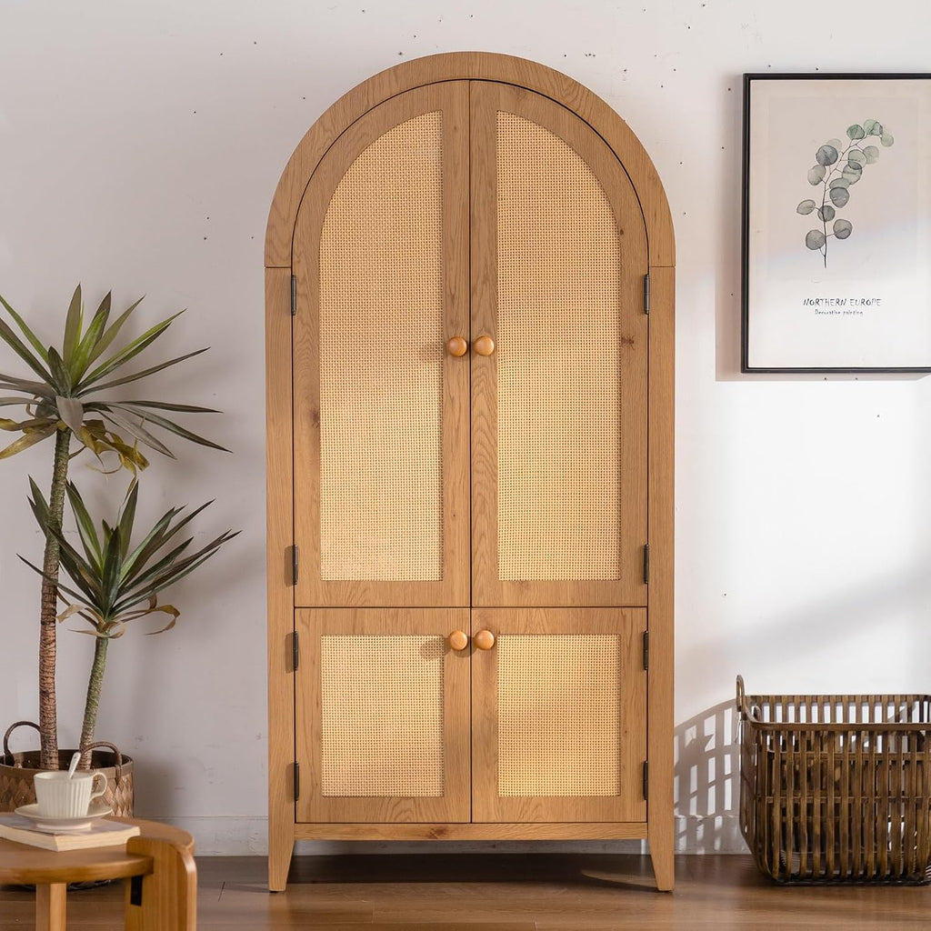 63.39" Arched Kitchen Pantry Cabinet with Rattan Doors,Farmhouse Freestanding Storage Cupboard with Adjustable Shelves,Tall Bookcase for Dining Room,Living Room,Bathroom,Natural