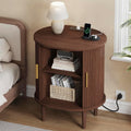 DHH Mid Century Modern Nightstand with Charging Station, Fluted Accent Side Table with Sliding Door & Adjustable Shelf, End Table for Small Space, Living Room, Bedroom,Sofa Couch (1, Walnut)