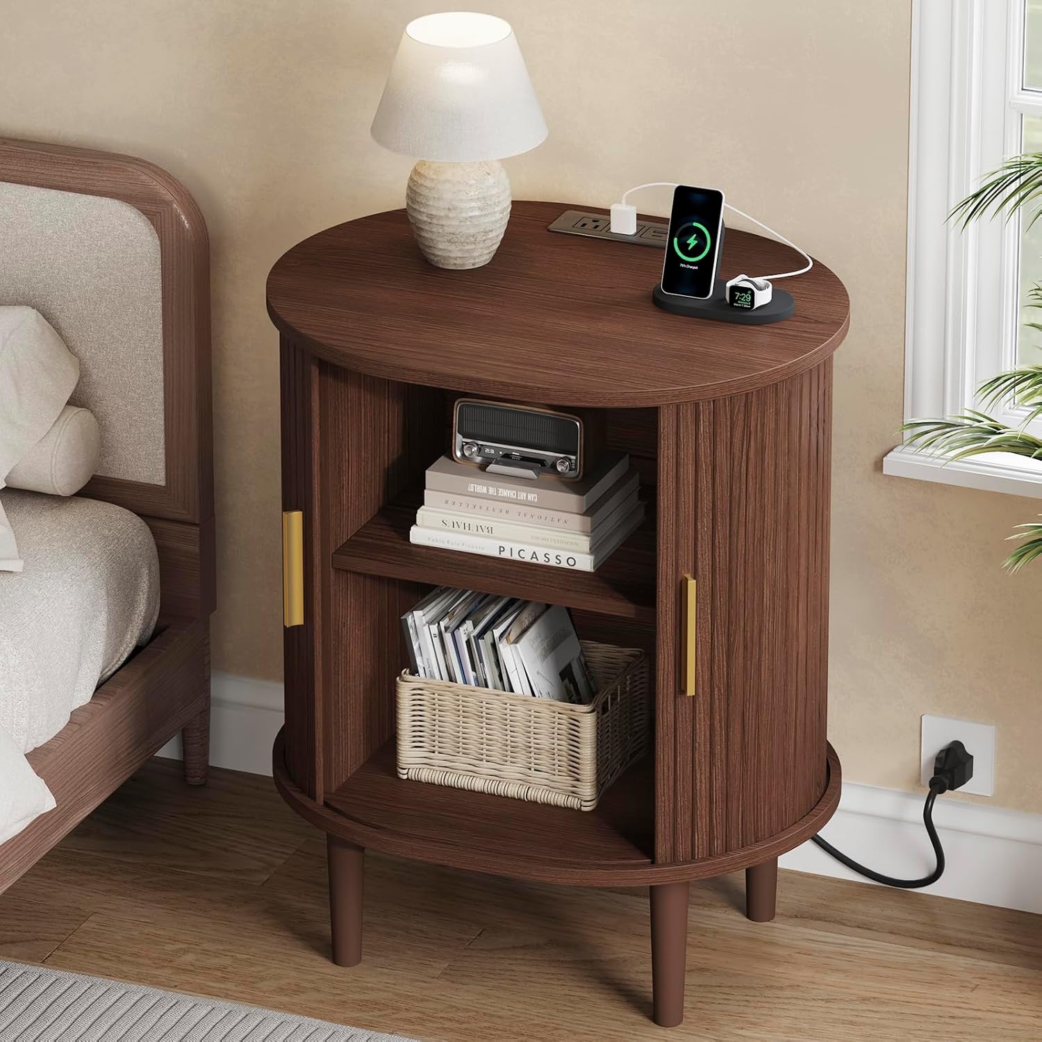 DHH Mid Century Modern Nightstand with Charging Station, Fluted Accent Side Table with Sliding Door & Adjustable Shelf, End Table for Small Space, Living Room, Bedroom,Sofa Couch (1, Walnut)