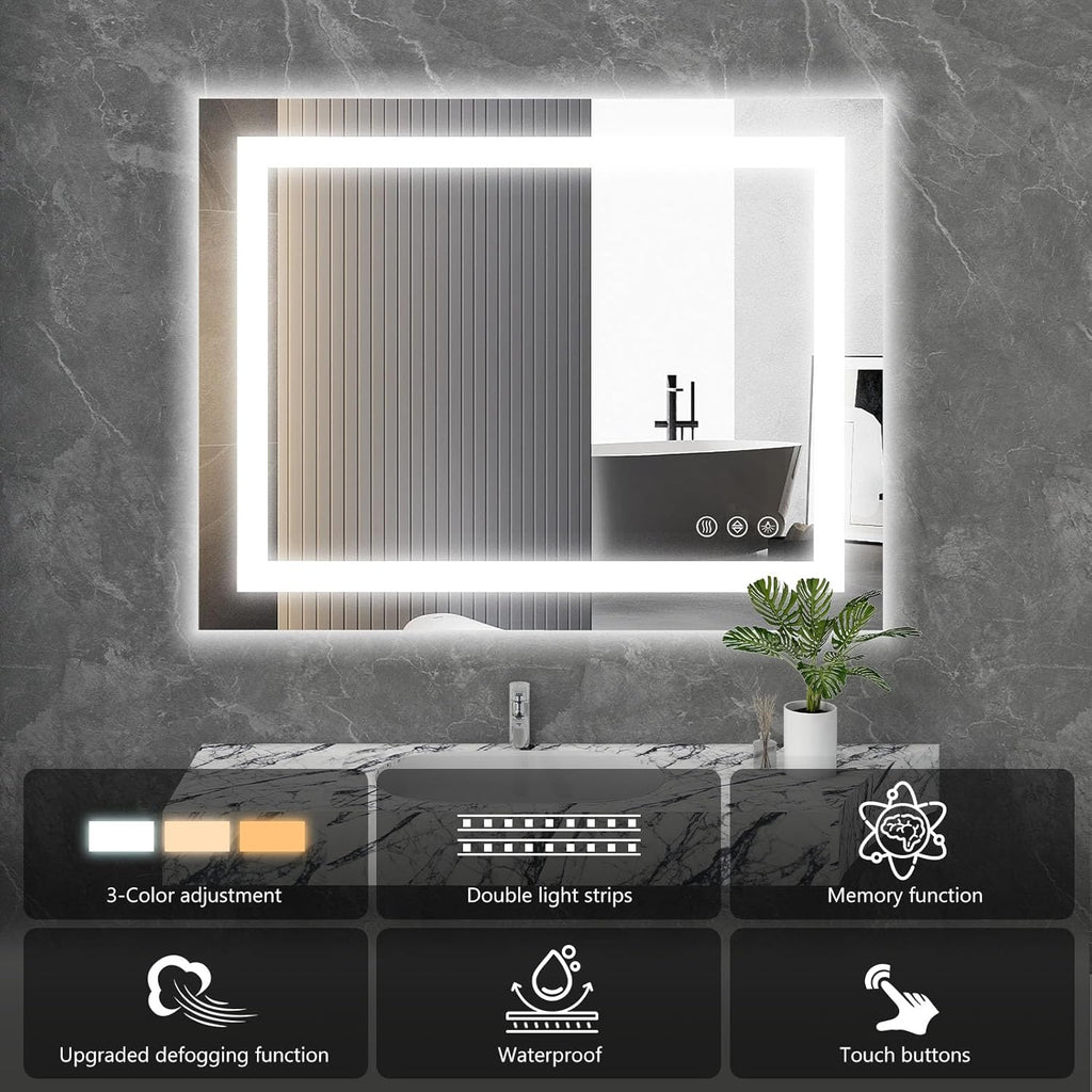 Sweetcrispy 24"x 32" Smart Anti-Fog LED Bathroom Mirror with Lights and Front Light & Backlit, 3 Color Temperatures, Dimmable, Memory Function, Rectangle Modern Vanity Mirror