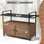 VINGLI Outdoor Storage Cabinet with Wheels, Waterproof Woven Rattan with Double Magnetic Doors, Mobile Multi-Purpose Cabinet for Storage, Buffet Server, Bar Table, Potting Bench (Glass Top)