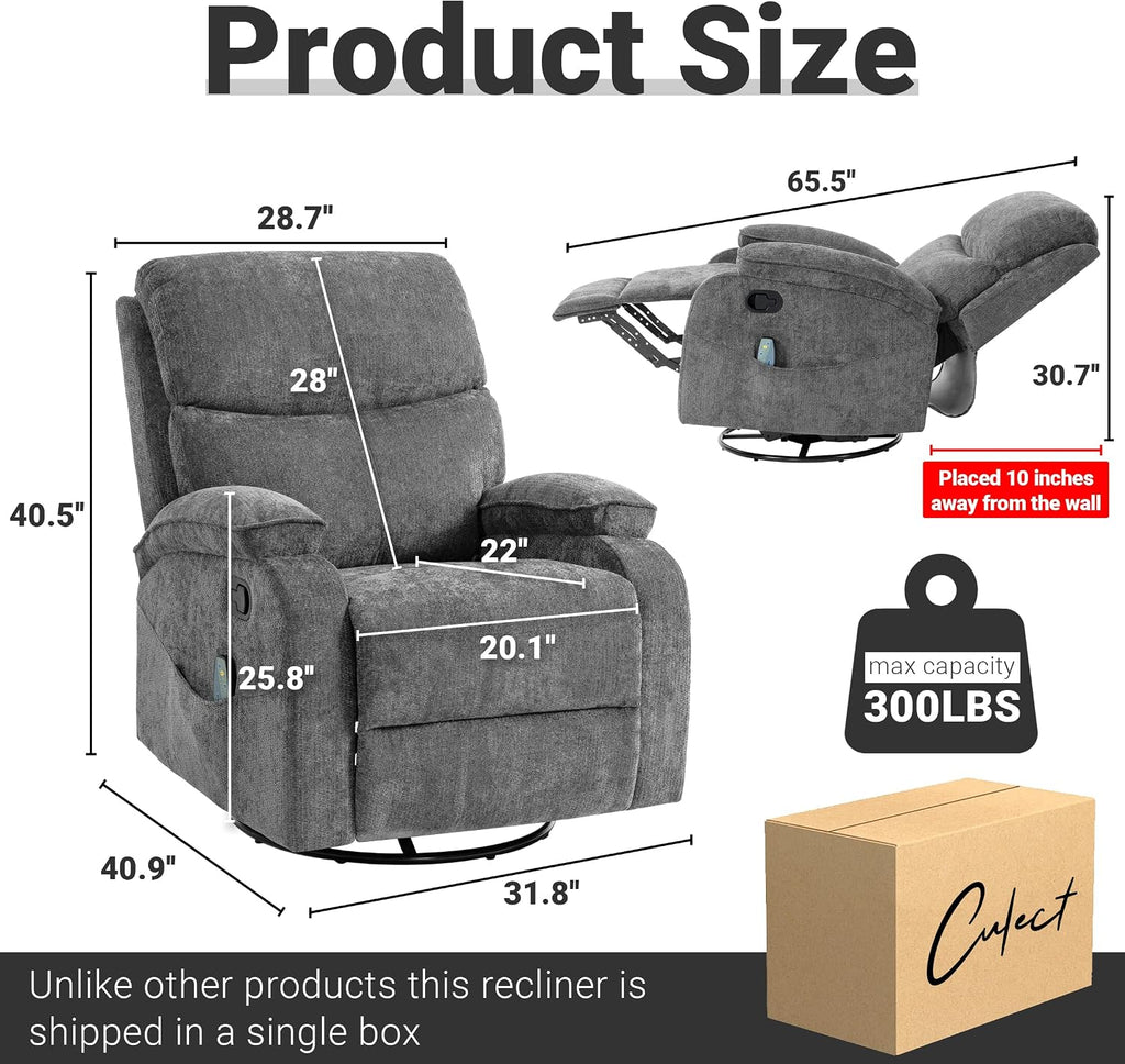 360° Swivel Rocking Recliner Chair, Massage Lazy Recliner, Small Spaces Recliner for Living Room, Bedroom and Nursery, Dark Gray Chenille